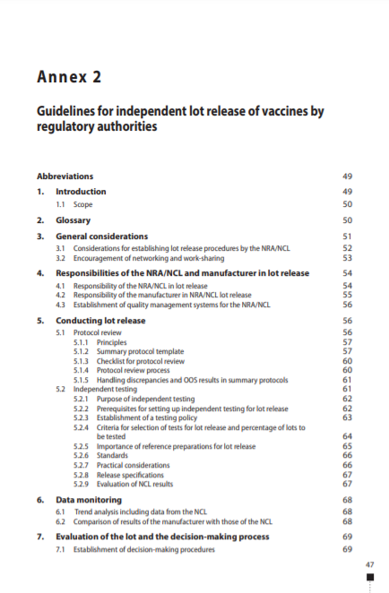 Guidelines for Independent Lot Release of Vaccines by Regulatory Authorities, Annex 2, TRS No 978